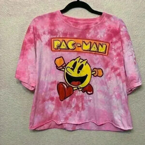 PAC Man pink tie dye crop top sz XL gamer 90s video game Halloween casual *flaw